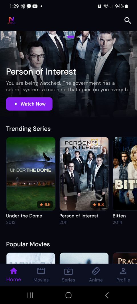 Namflix home screen